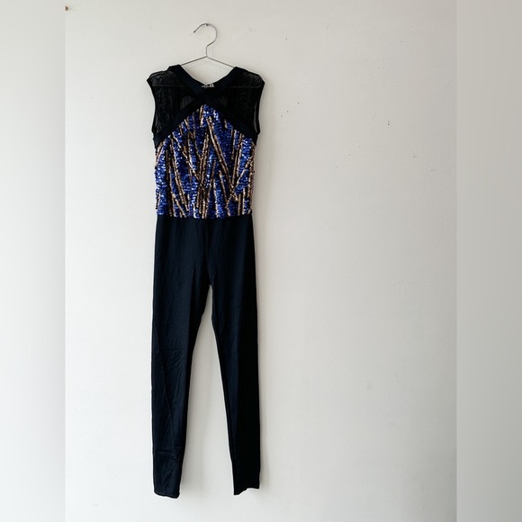 Weissman Unitard Skating & Dance-Black/Blue/Gold Sequins -Sleeveless - Size 7/8 - Picture 1 of 8
